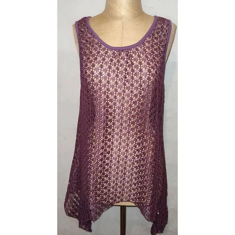 ARIA HAND MADE Purple lace sleeveless tunic shirt Swimsuit Cover Shark bite hem